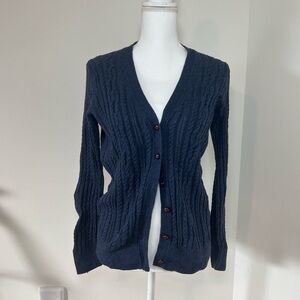 Lands’ End Navy Dark Blue Cable Knit Cotton & Wool Blend Button-Up Cardigan ❄️🦋